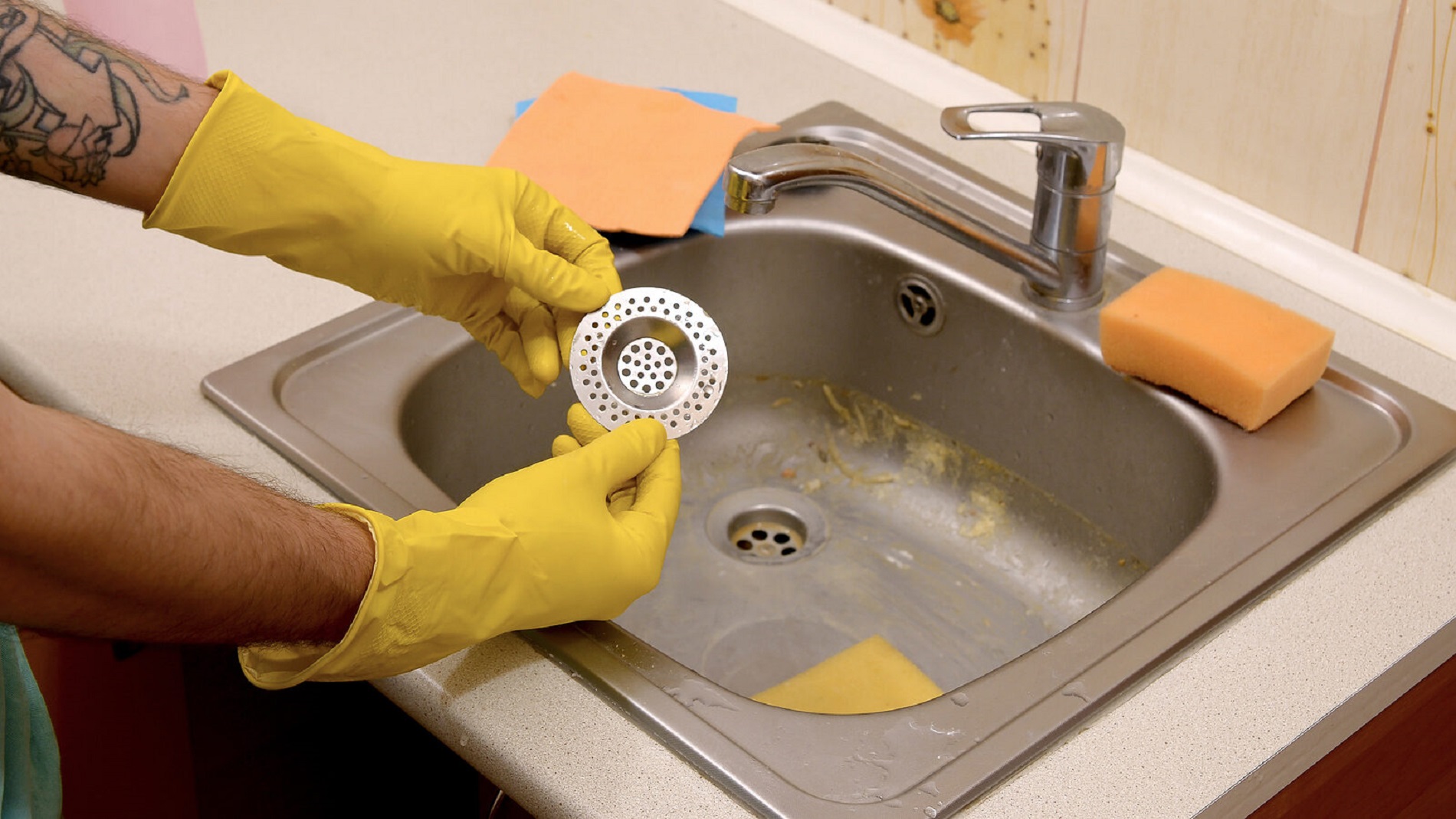 Cleaner In Rubber Gloves Shows Clean Plughole Protector Of A Kitchen Sink Edited