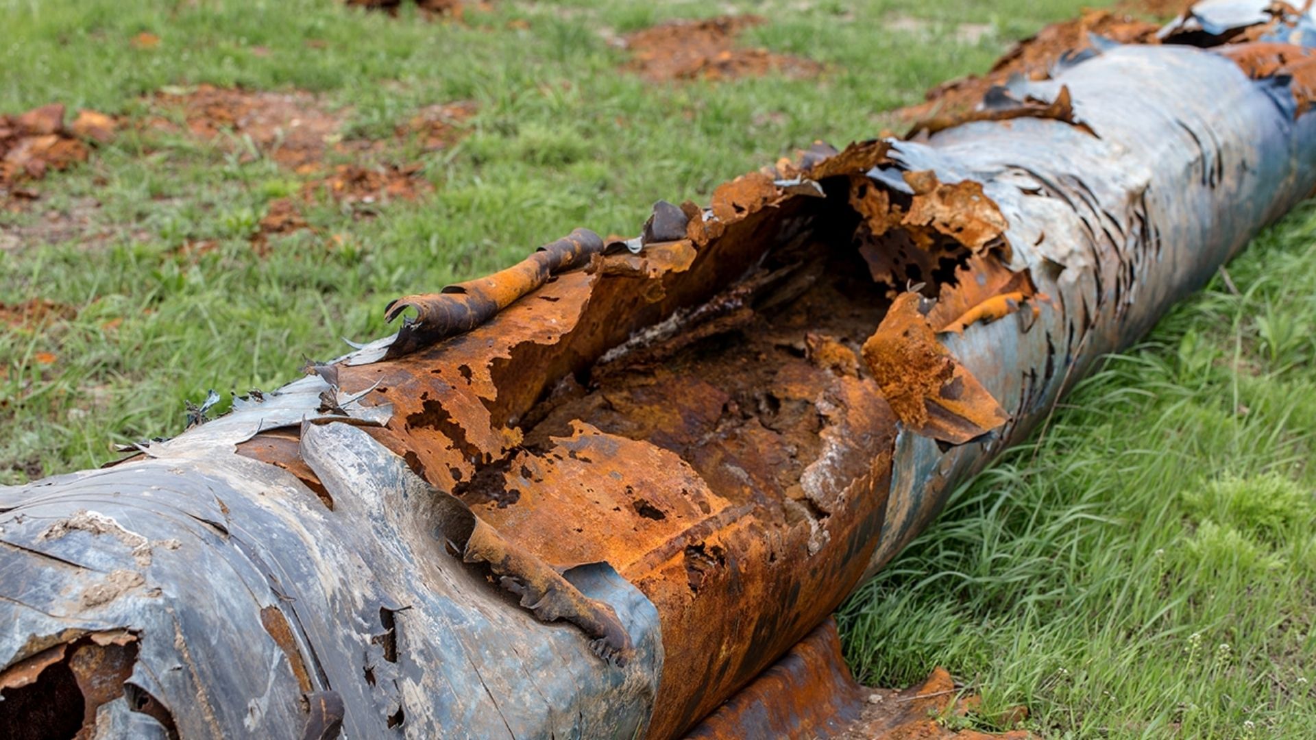 Large Corroded Pipe On Grass
